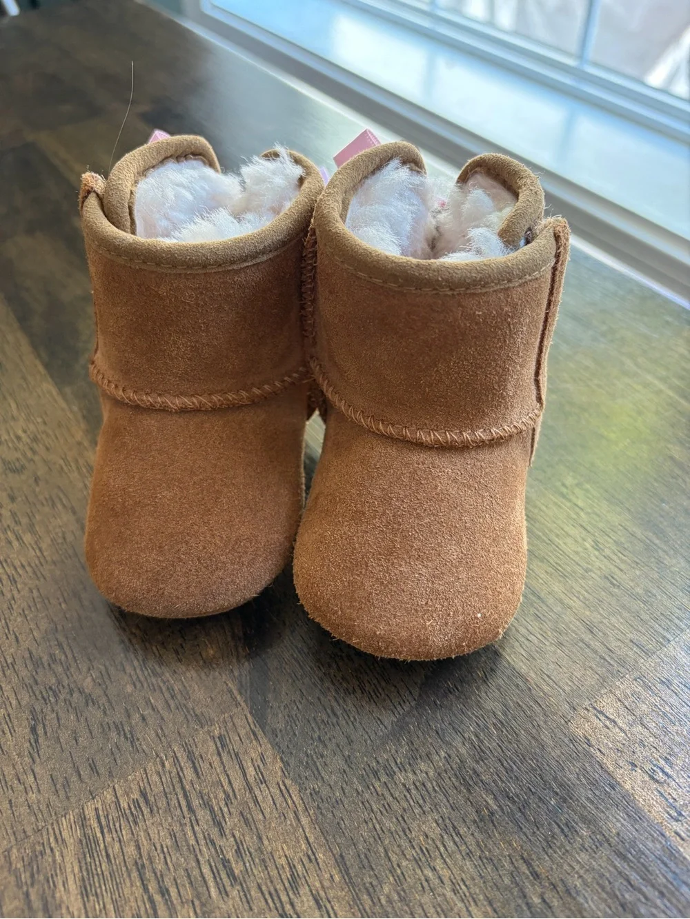 UGG Infant Brown Suede Booties with Pink Ribbon Bows
